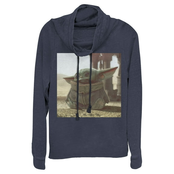 Junior's Star Wars: The Mandalorian The Child Square Frame Cowl Neck Sweatshirt Navy Blue X Small