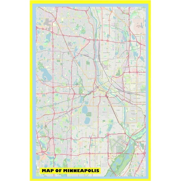 Map of Minneapolis 18x24 with Neighborhoods, Streets, Roads, Highways and Parks - Laminated Wall Map Poster Print - Vivid Imagery with Bright Colors