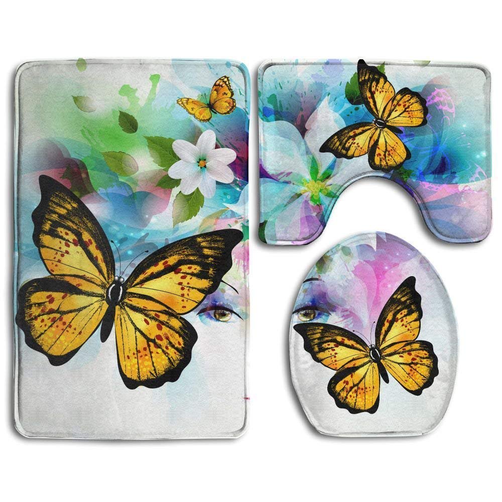 PUDMAD Yellow Butterfly Retro Style 3 Piece Bathroom Rugs Set Bath Rug