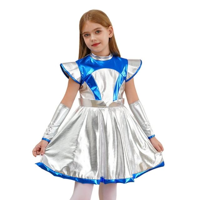 Hansber Costume de Cosplay d'Alien de l'Espace pour Filles Enfants, Robe de Danse Tutu Métallisée à Manches Cap et Poignets pour Fête d'Halloween Argent 12