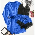 thumbnail image 2 of Woman Sleepwear 3pcs Solid Lace Trim Satin Pajamas Set With Robe Sexy Faux Silk Pijamas Robe Sets Casual Home Clothes Nightwear, 2 of 4