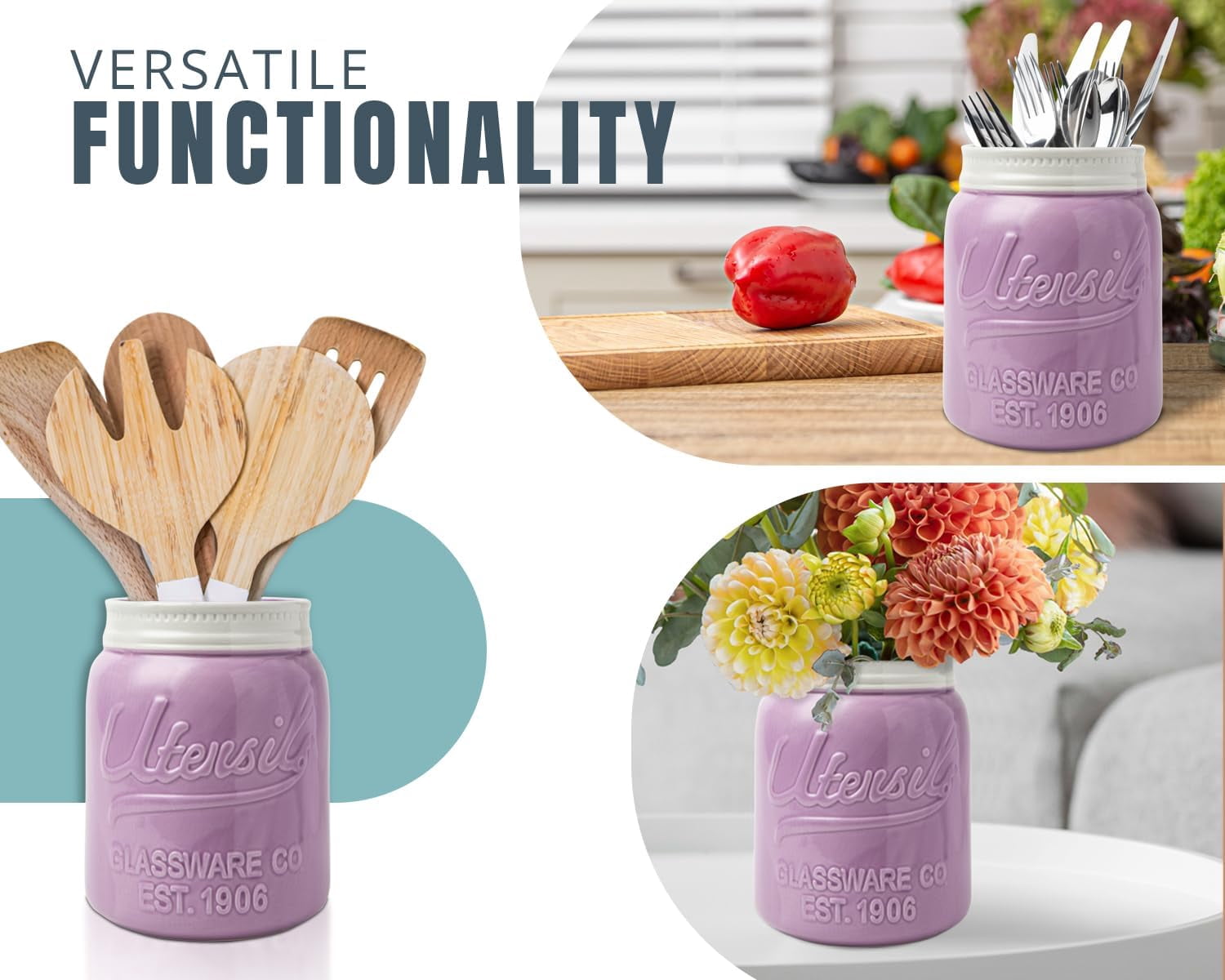 Comfify Ceramic Mason Jar Utensil Holder for Countertop Kitchen Use, Purple
