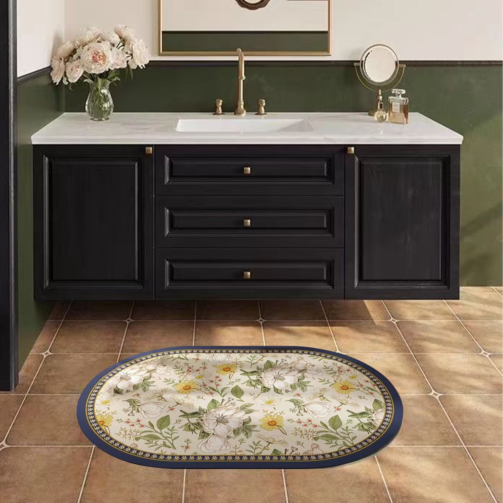 Gogreen Bath Mat - Bathroom Mat Rug Non Slip Super Absorbent Stain Resistant Quick Dry Thin Bathroom Rug-Bath Mats for Bathroom Floor Bathtub Vanity-Bathmat Bath Rug Easy Care (White Flower, 20"x32")