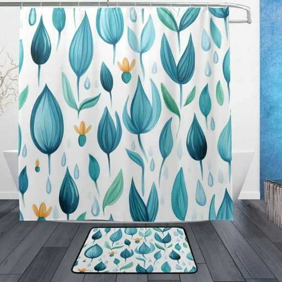 Teal Leaf Design Bathroom Accessory Sets Waterproof Shower Curtain with Anti-Slip Bath Mat Durable Combo