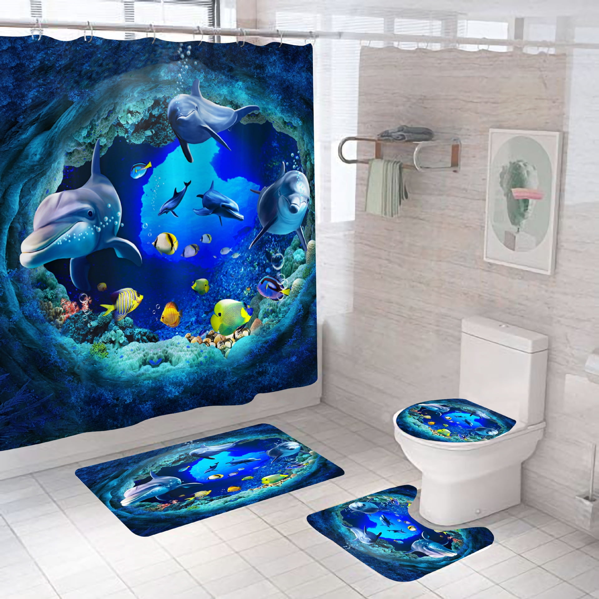 Turtle Jellyfish Sea World 3D Print Cool Waterproof Home Shower Curtain Bath mat 