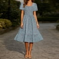 thumbnail image 4 of Levmjia Women's Floral Print Dress Summer Short Sleeve Square Neck Casual Tiered Ruffle Midi Dress with Smocked Waist A Line Swing Dress for Women Vacation, 4 of 5