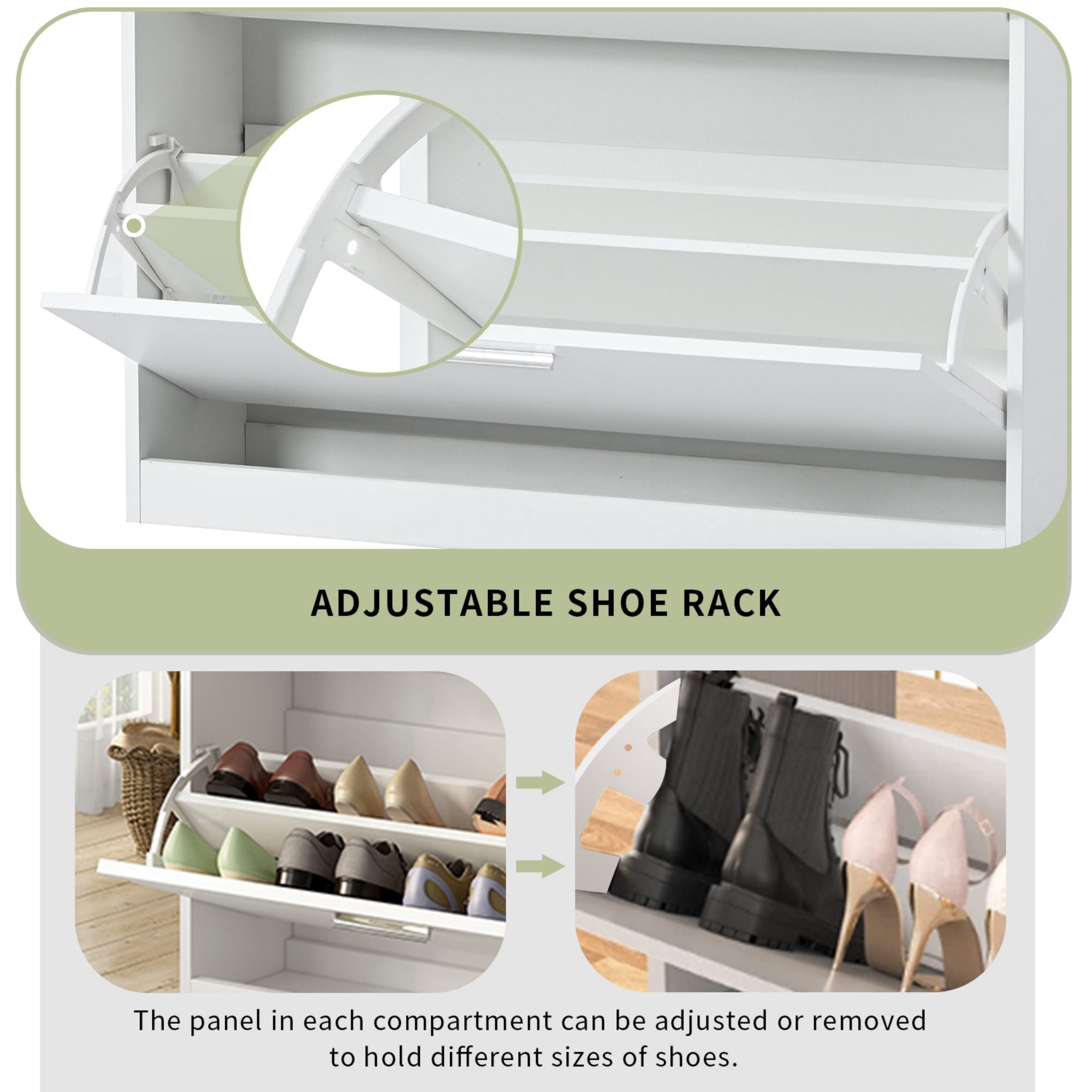 DEALTOPS Modern Freestanding Shoe Cabinet with 2 Flip Drawers and Tempered Glass Top with LED Light, Stylish Shoe Rack with Large Storage Capacity for Entryway - White
