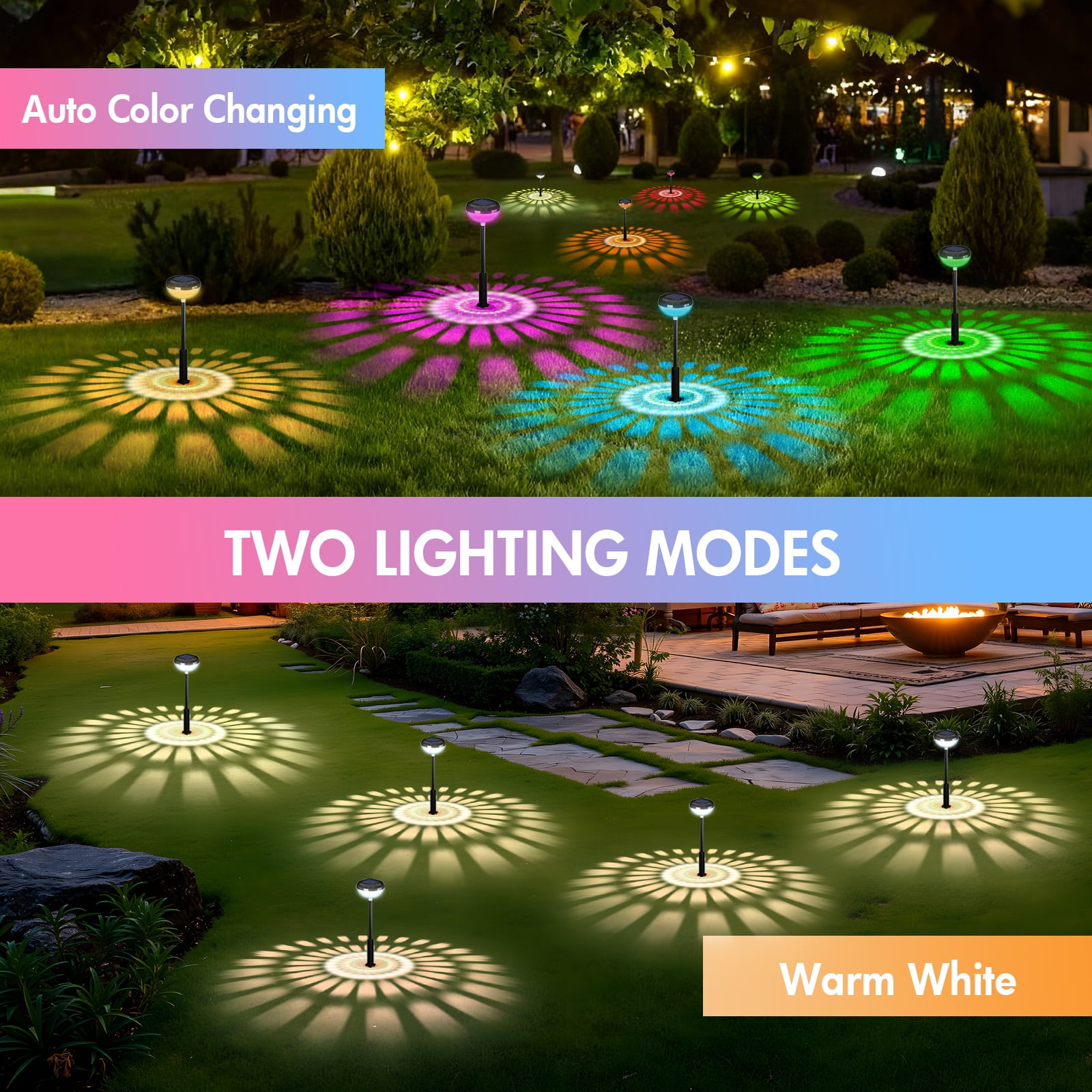 TOPZOO 8 Pack Solar Pathway Lights, 2 Modes Multicolor & Warm White LED, IP67 Waterproof, Solar Lights Outdoor for Garden Path Backyard Christmas Lawn Landscape Decorative