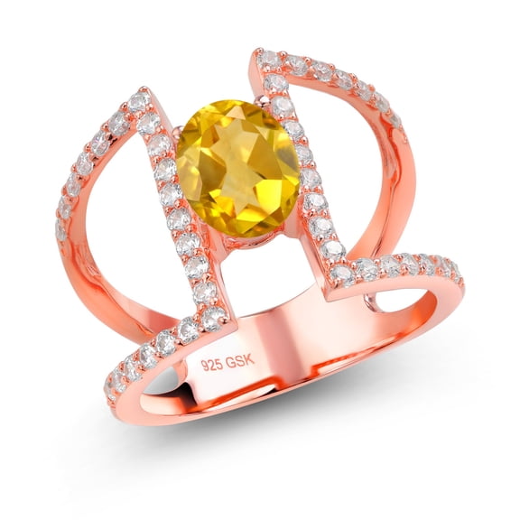 Gem Stone King 1.96 Ct Oval Yellow Citrine 18K Rose Gold Plated Silver Ring (Size 6)