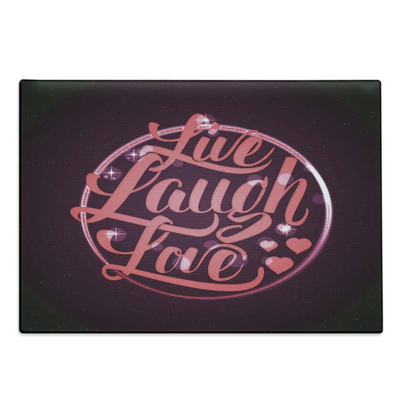 Live Laugh Love Cutting Board, Vibrant Romantic Vintage Stamp Inspired Circle Popular Saying Print, Decorative Tempered Glass Cutting and Serving Board, Large Size, Coral Plum White, by Ambesonne