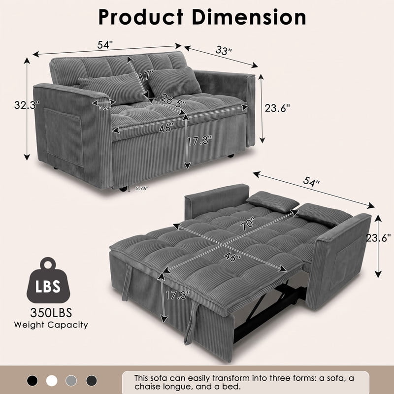 Anpport 54" 3‑in‑1 Convertible Sleeper Sofa Bed, Corduroy Pull‑Out Couch with Adjustable Backrest, Side Pockets & 2 Pillows for Small Spaces, Dark Gray