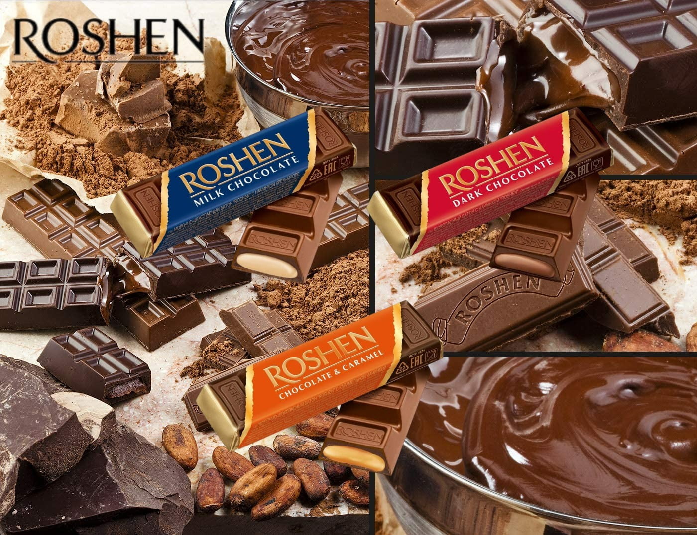 NEW Roshen Sweet Mix Chocolate Bar with Fondant Filling Pack of 15 (40 to 43 grams)each,  5 of each Flavor
