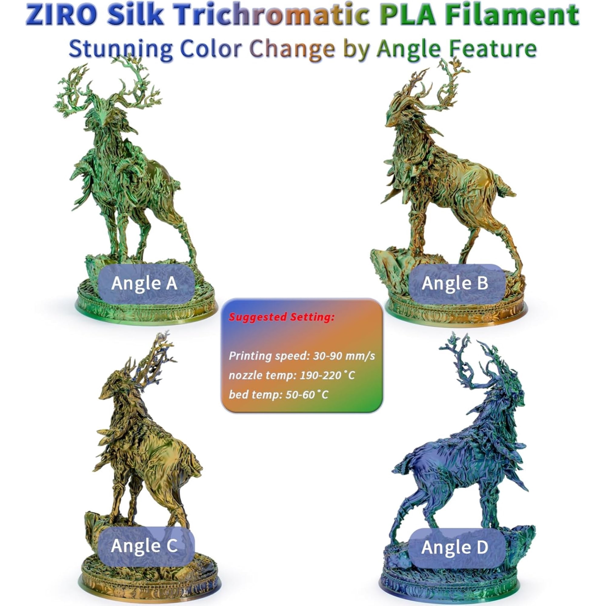 Ziro 3D Tri-color Silk PLA 1.75mm  1kg, Golden Oasis
