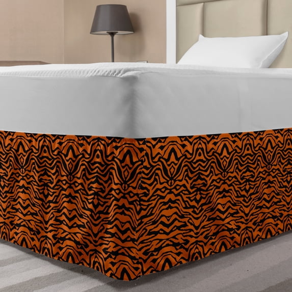 Safari Bed Skirt, Illustration of Tiger Skin Pattern Tropical Jungle Elements Continued, Elastic Bedskirt Dust Ruffle Wrap Around for Bedding Decor, 4 Sizes, Orange and Charcoal Grey, by Ambesonne