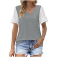 thumbnail image 2 of Busydd Womens Summer Tops Fashion Solid Color Patchwork Lace Blouses Casual Stylish V Neck Short Sleeve T-Shirts Comfy Lightweight Versatile Loose Going Out Tops, 2 of 7