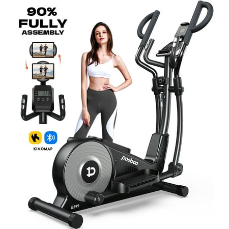 Pooboo Elliptical Machine 16 Levels Resistance Built-in Blue Elliptical Trainers with LCD Monitor Smooth Quiet Driven 400lbs Capacity 15.5inch Stride Length