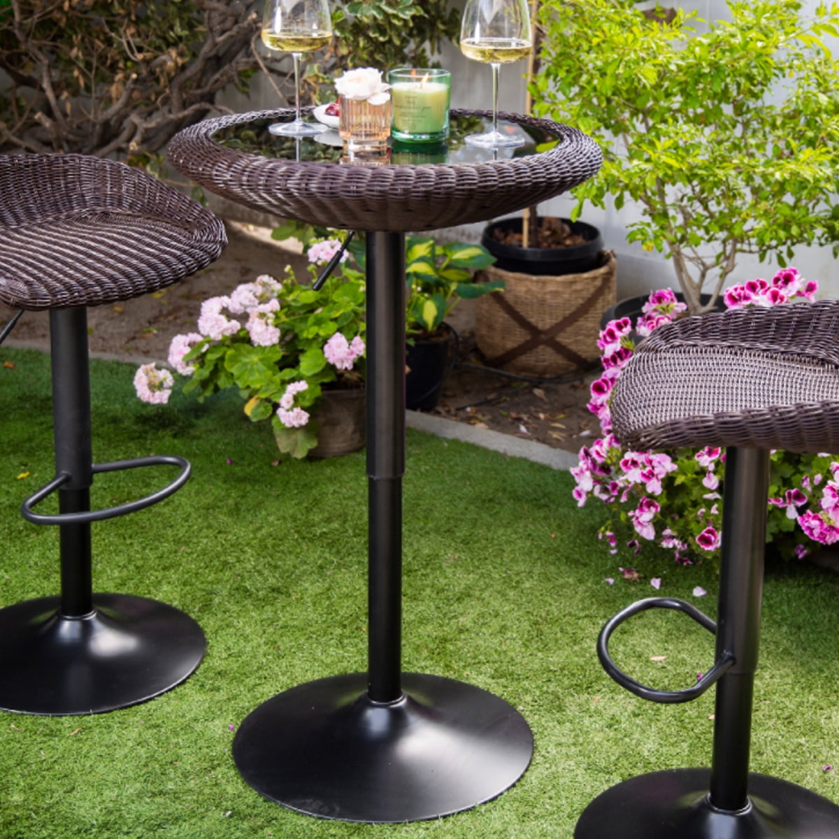 Barton Outdoor Round Wicker Bar Table Hydraulic Height Table Rattan Woven Glass (Table Only), Espresso/Black