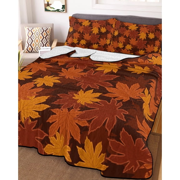 Orange Fall Queen Size Down Alternative Comforter, Lightweight Comforter Quilt Bedding Set with Pillow Shams Autumn Maple Leaf Botanical Thanksgiving All Seasons Bed Comforter Duvet Insert 90"x96"