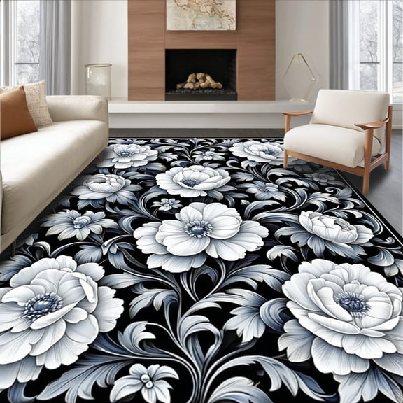 ODIKA 4'x6' Machine Washable Non-Slip Area Rug, Black and Floral Motif High Traffic Rug, Gray, 215159