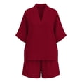thumbnail image 4 of Ecqkame Two Piece Sets for Women Linen V Neck Short Sleeve Tops and Elastic Pockets Shorts Casual Summer Lightweight Vacation Outfit Set Red XXXL, 4 of 8