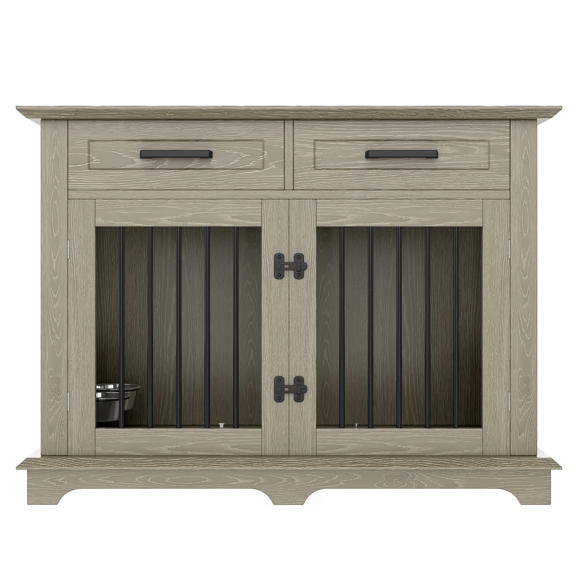 44.48" Large Dog Crate Furniture, Indoor Wooden Dog Kennel End Table with 2 Storage Drawers and Rotating Bowls, Decorative Pet Cage Dog House for Medium Dogs, Gray
