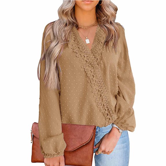 OKBOP Brown Tops for Women,Spring Fashion V-Neck Long Sleeve Chiffon Hairball Casual Tee Long Sleeve Blouse Purple Shirt for Women