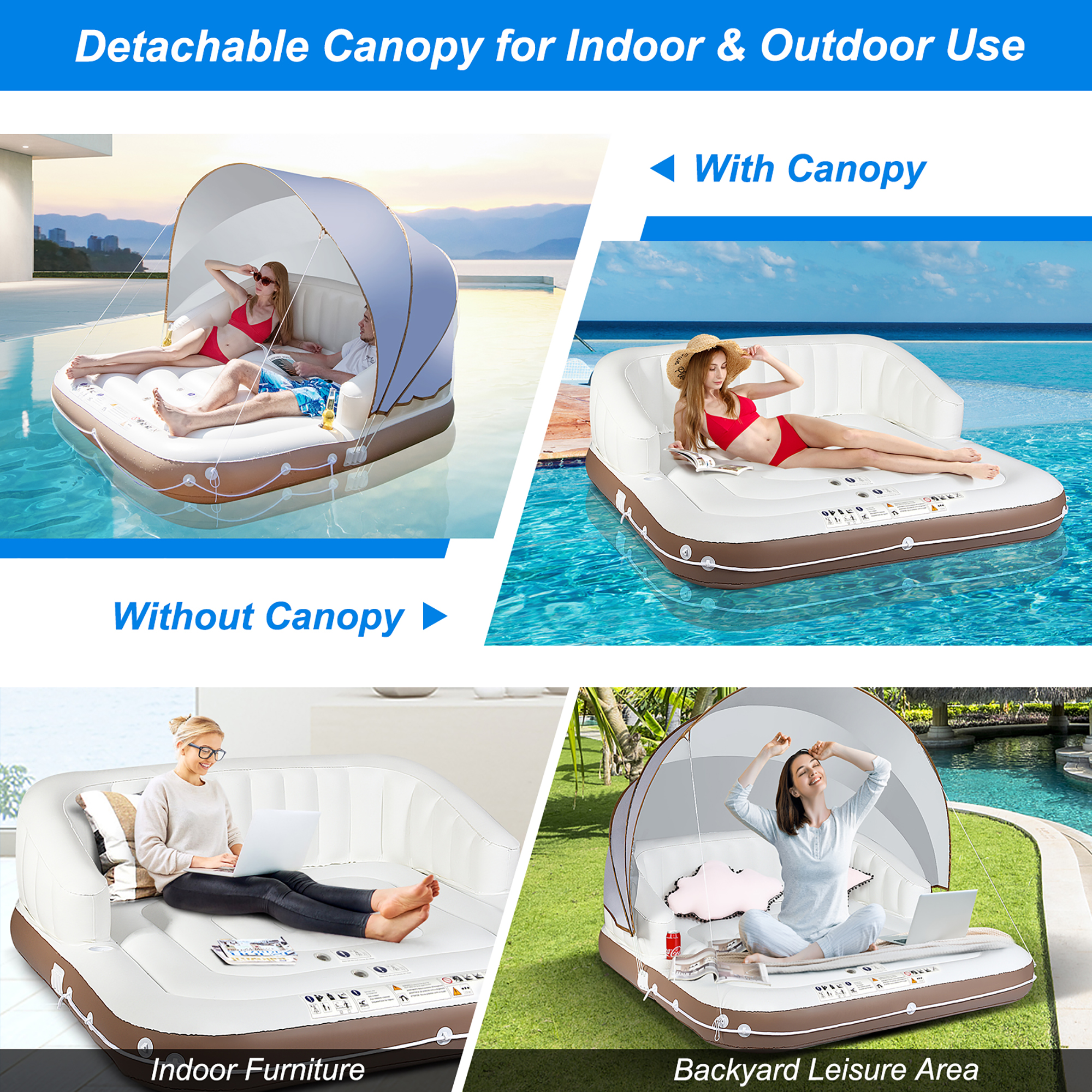 Costway Floating Island Inflatable Swimming Pool Float Lounge Raft with Canopy SPF50+ Retractable Detachable Sunshade with Two Cup Holders White - image 2 of 10
