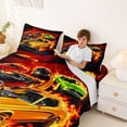 thumbnail image 3 of Castle Fairy Vintage Muscle Car Queen Sheet Sets 4 Pieces for Kids, Flame Track Art Bed Set for Bedroom, Orange Black, 3 of 6
