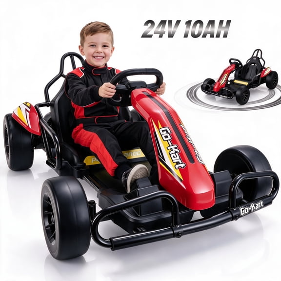 VIBESPARK 24V Go Kart, 300W Dual Motors Electric Drift Go Kart for Kids Ages 6-14, 360° Drift Mode, 10AH Ride On Cars with Backrest & Adjustable Seat, Max Speed 7.5MPH, Best Ride on toys Gift, Red