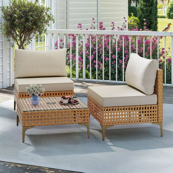 ModFusion 3-Piece Wicker Patio Conversation Set with 2 Chairs, Cushions & Solar Coffee Table, Beige