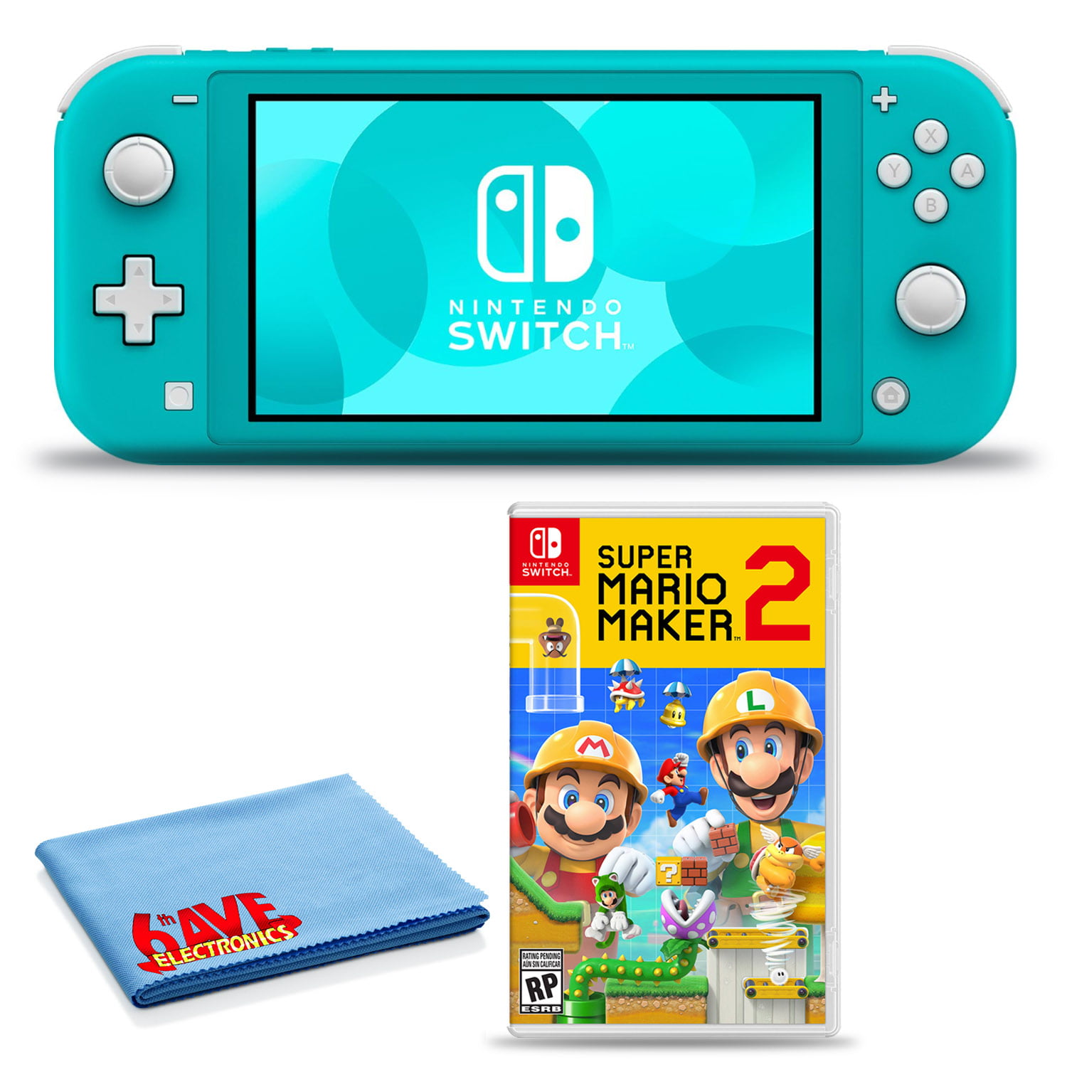 Nintendo Switch Lite (Turquoise) Bundle with 6Ave Cleaning Cloth + 