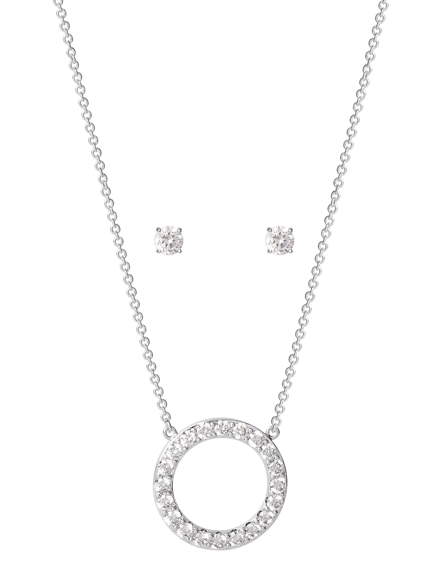 Believe by Briliance Fine Silver Plated Cubic Zirconia Circle Pendant and Earring Set, 18' +2'