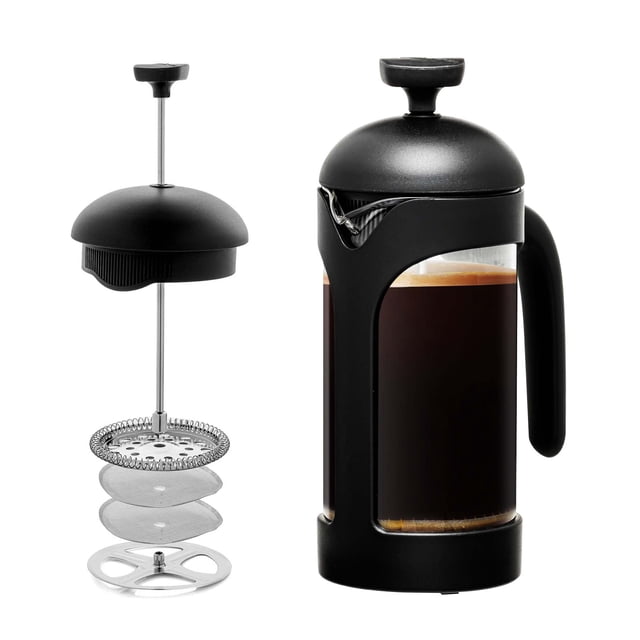 OVENTE Cafetera de prensa francesa de 12 onzas, prensa de té, vidrio de borosilicato resistente al calor con sistema de acero inoxidable de 4 filtros, jarra portátil sin BPA, perfecta para preparación