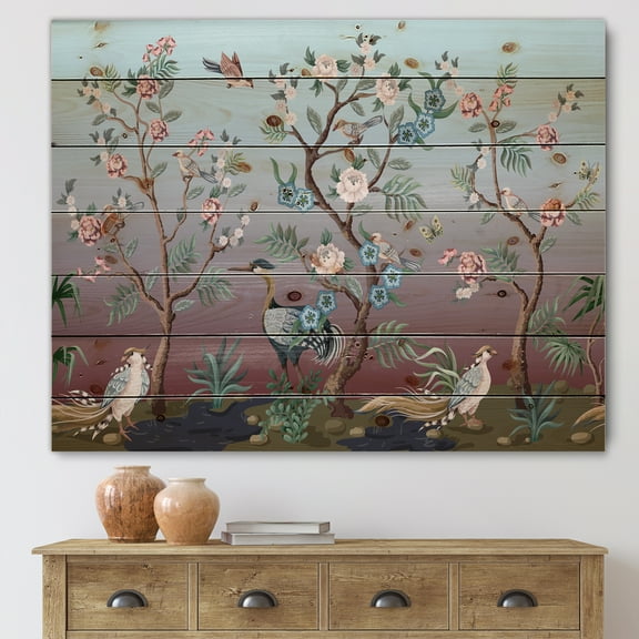 Designart 'Chinoiserie With Peonies and Birds XI' Traditional Print on Natural Pine Wood