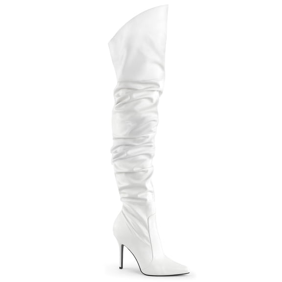 4" Heel Thigh High Pointed Boot w/Faux Fur Lining, Side Zip - Wht Faux Leather, 5