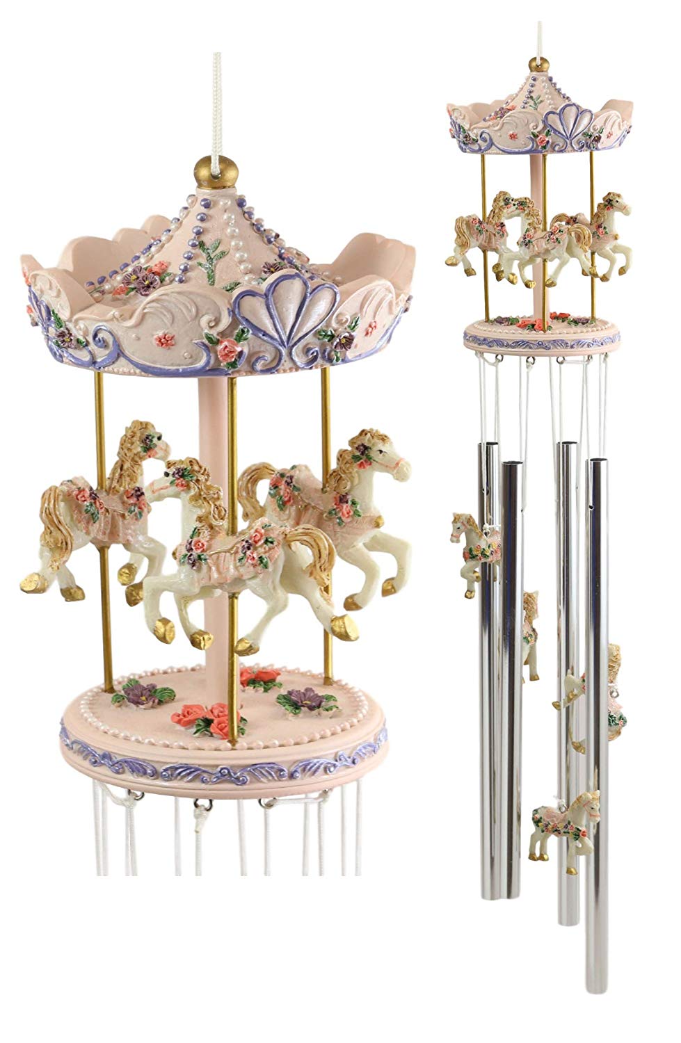 Pink Carnival Canopy Pony Horses Carousel Figurine Crown Top Resonant Wind Chime