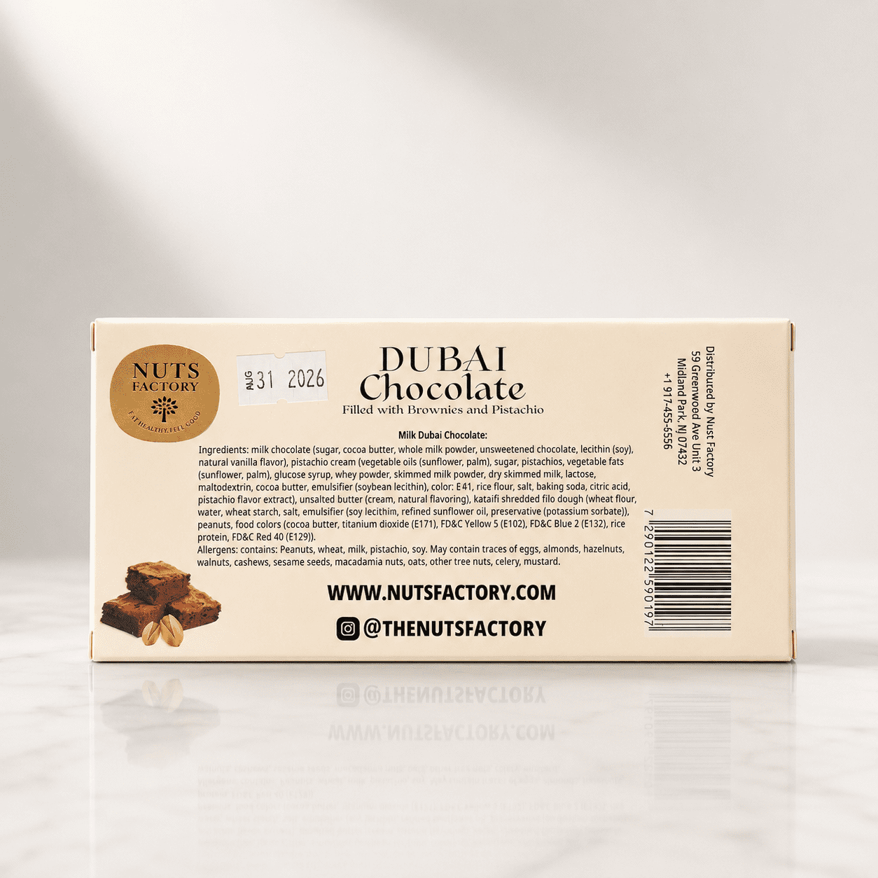 Nuts Factory Dubai Style Brownie Chocolate Bars with Real Brownie Pieces & Pistachio Filling, Pack of 2 Large Bars – #1 Ranked Dubai Chocolate Bars in the World by CNBC