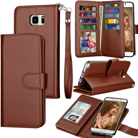 Galaxy Note 5 Case, Note 5 Wallet Case, Samsung Galaxy Note 5 PU Leather Case, Luxury Cash Credit Card Slots Holder Carrying Flip Cover [Detachable Magnetic Hard Case] & Kickstand - Brown