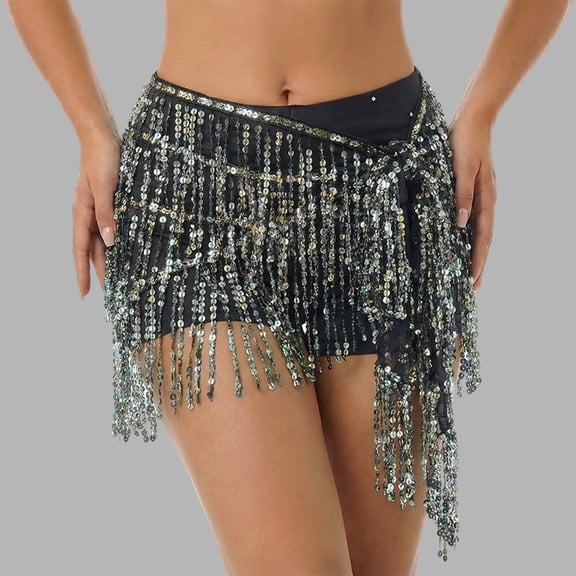 Skirts for Women Bohemian Glitter Fringe Waist Chain Skirt for Belly Dance and Festival Festive Waist Wrap with Sequins Versatile Boho Style midi Skirt Black 4 One Size