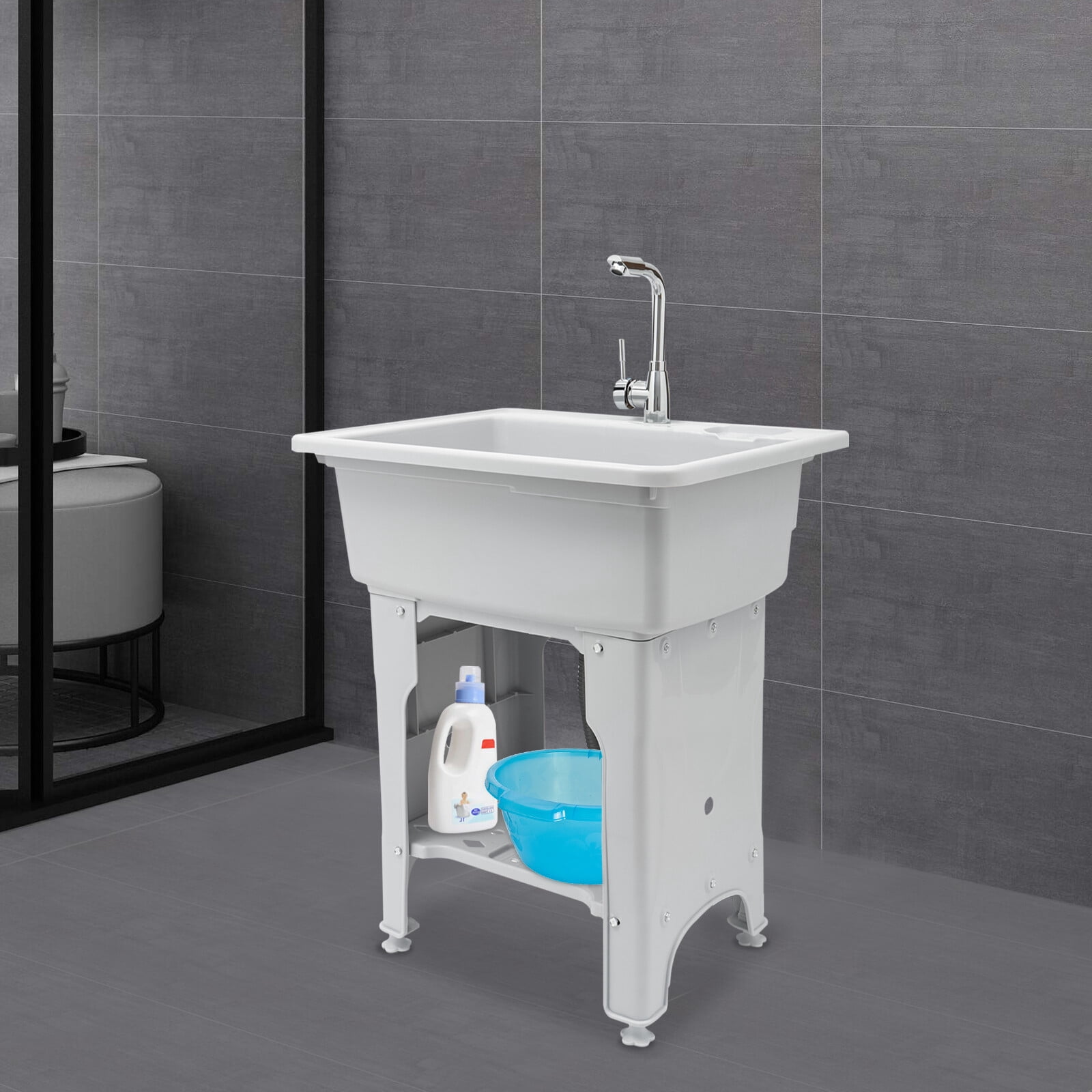 Multi-functional Utility Sink, 21.65x16.93x9.06in Wash Basin, 441 lbs Load Capacity, with Storage Shelf and Washboard, Modern Grey Design, Ideal for Garage, Basement, and Balcony Use