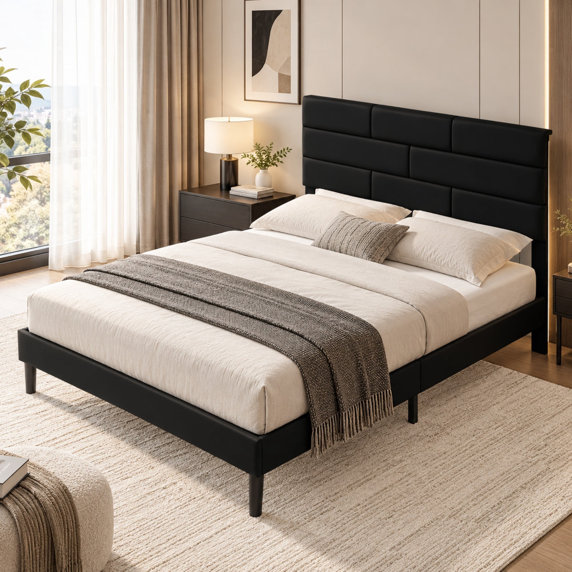 BSHTI Full Size PU Leather Platform Bed Frame with Upholstered Headboard, Wood Slats Support, No Box Spring Needed for Bedroom(Black)