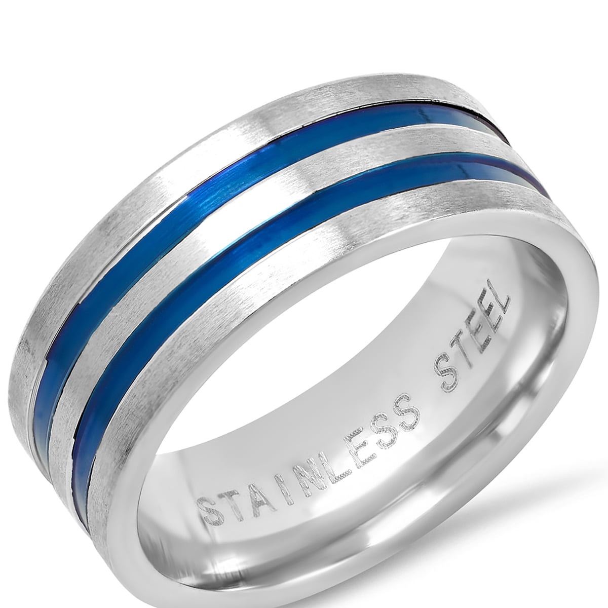 Steeltime Men's Two Tone Stainless Steel Ring Band with Blue Inlays