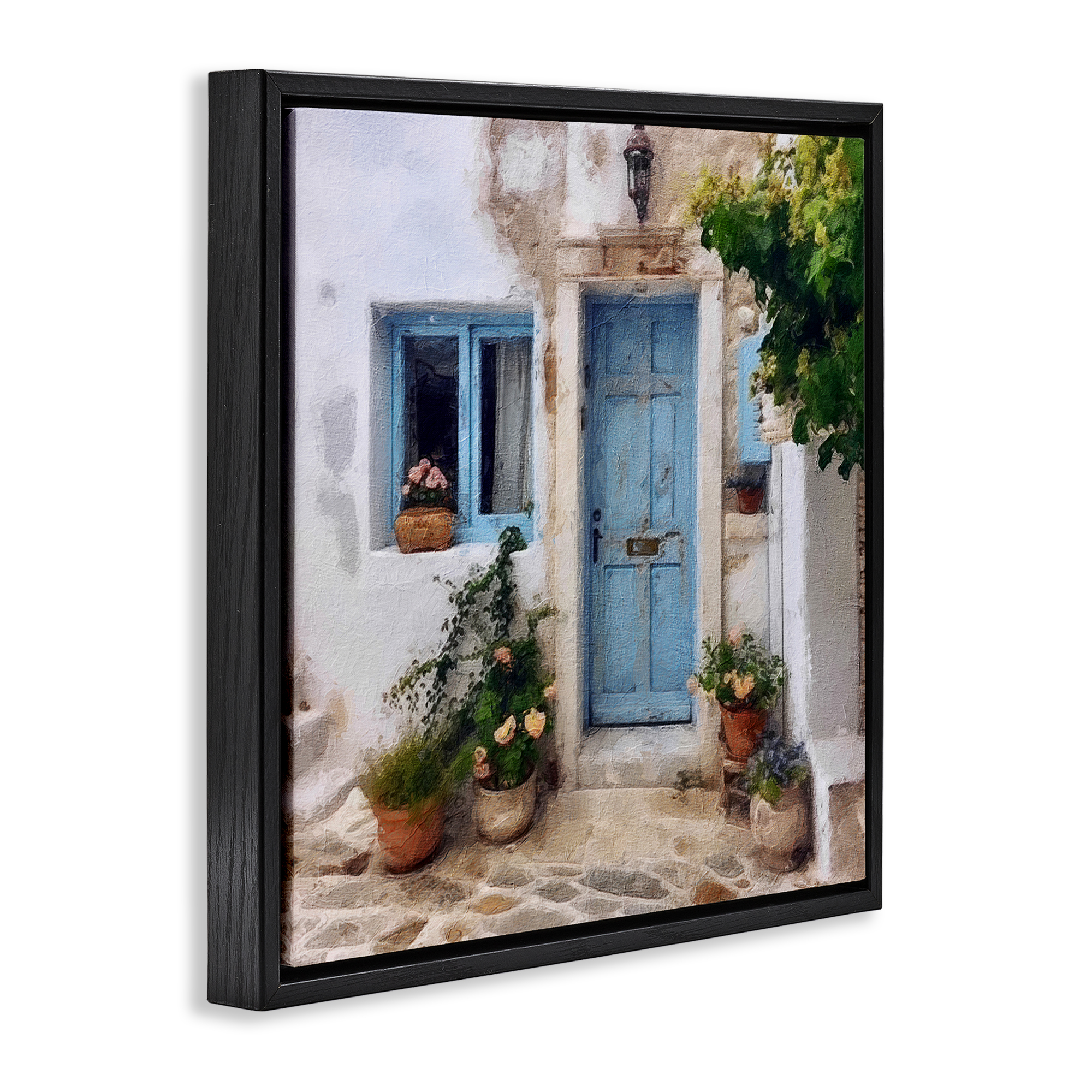 Stupell Industries Greek Door Architecture Town & City Painting Black Floater Framed Canvas Art Print Wall Art, 18 x 18