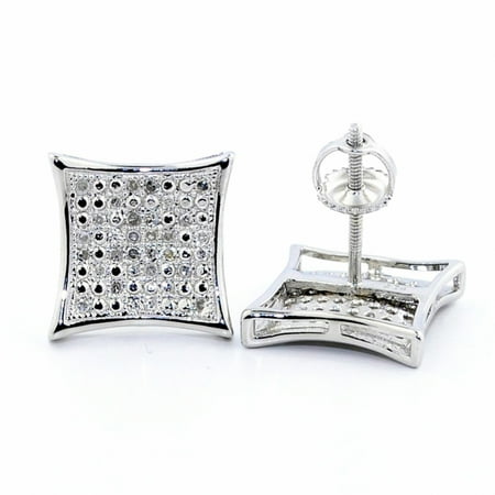 - 0.15cttw Diamond Kite Earrings Pave Set 10.5mm Wide Big Stud Earrings Screw Back Sterling Silver