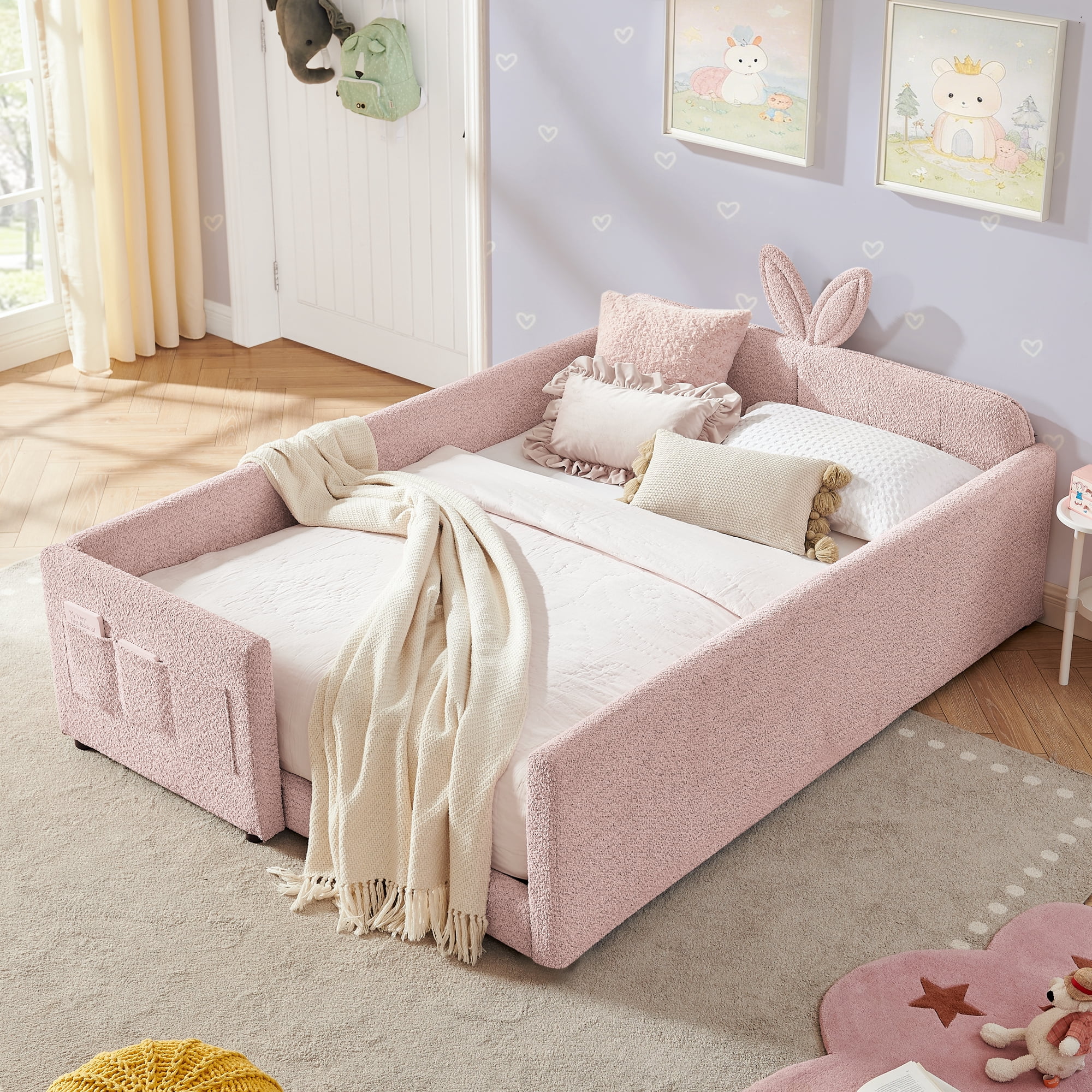 Full Size Kids Bed with Rabbit Ear Headboard, Upholstered Platform Bed with Safety Guardrail Storage Pocket Boucle Fabric for Girls Bedroom, Pink