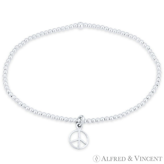 Worn-Finish Peace Sign Cutout Hippie Charm & Ball Bead Stretch Bracelet in .925 Sterling Silver