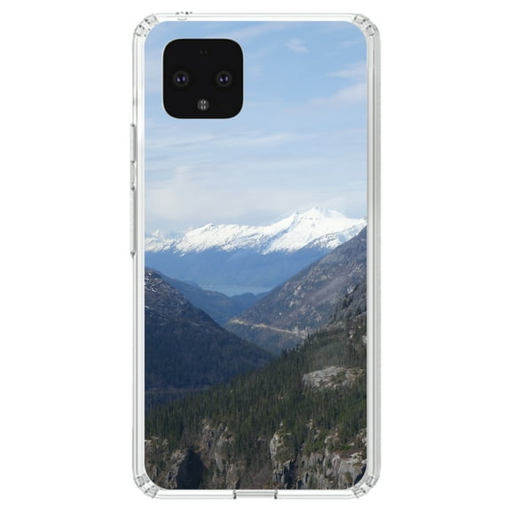 DistinctInk Clear Shockproof Hybrid Case for Google Pixel 4 (5.7" Screen) - TPU Bumper, Acrylic Back, Tempered Glass Screen Protector - Skagway Alaska Mountains