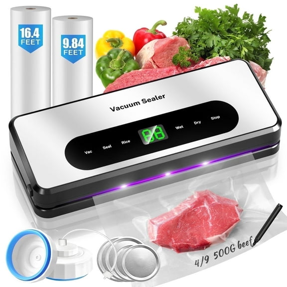 Food Vacuum Sealer Machine with 2 Rolls Food Vacuum Sealer Bags, 8-in-1 Automatic Food Sealer with Dry & Moist Food Modes, Led Indicator Lights, Built-in Cutter, Compact Design for Food Storage