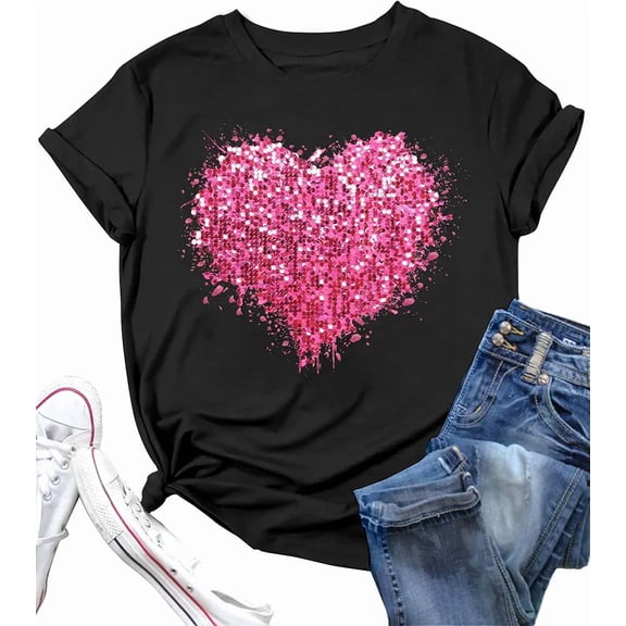 Pink Sparkle Glitter Heart Print for Women Casual Short Sleeve T-Shirt