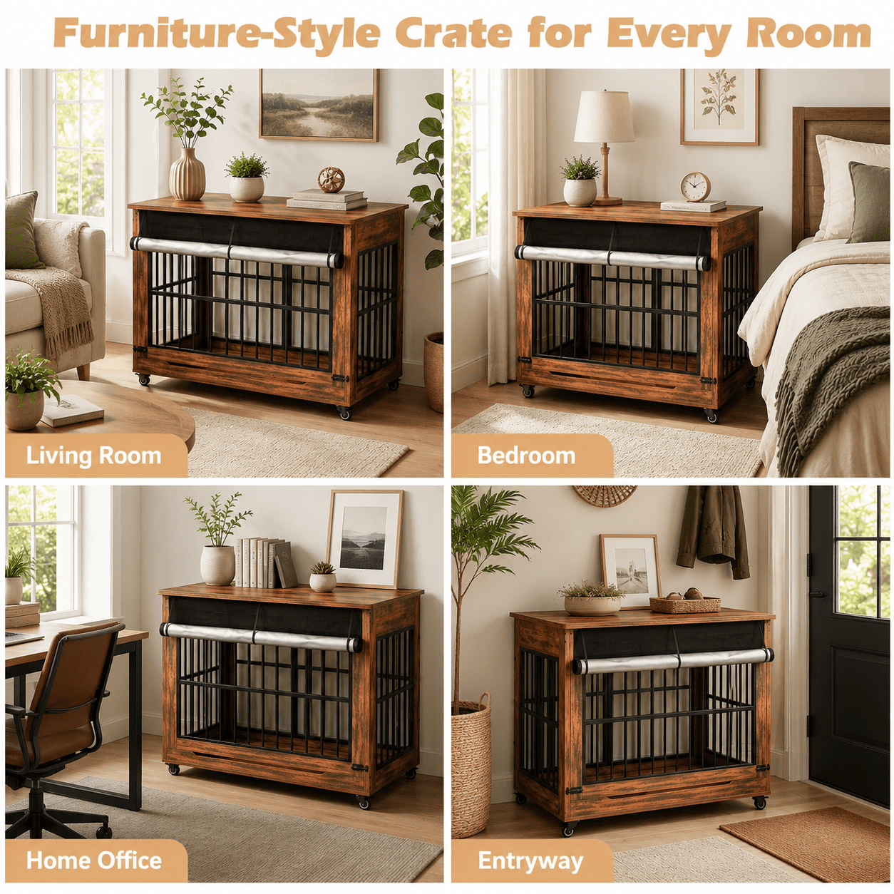 Aukfa 46-Inch Large Dog Crate Furniture, Indoor Dog Kennel Decorative Pet Cage End Table, Lift-Up Door, Curtain & Wheels,Brown